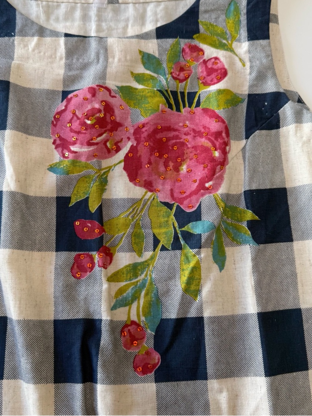 Navy and Cream Gingham Maxi Dress with Pink Floral Detail Size Medium NWOT - Picture 3 of 9